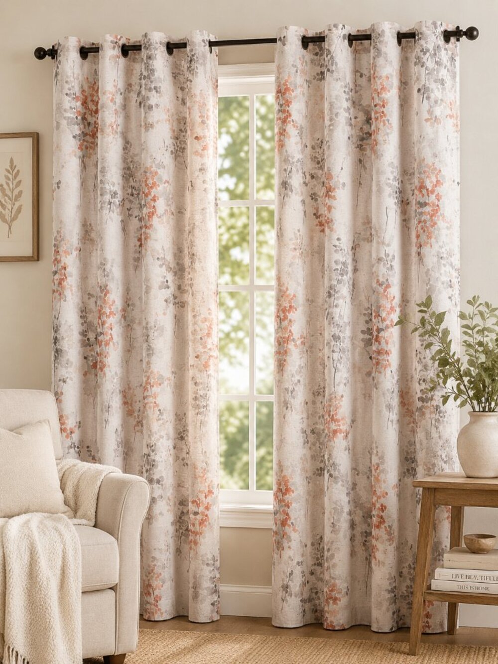 StacyPik Linen Blend Floral Curtains 84 Inch Grommet Gray Coral 2 Panels NWT